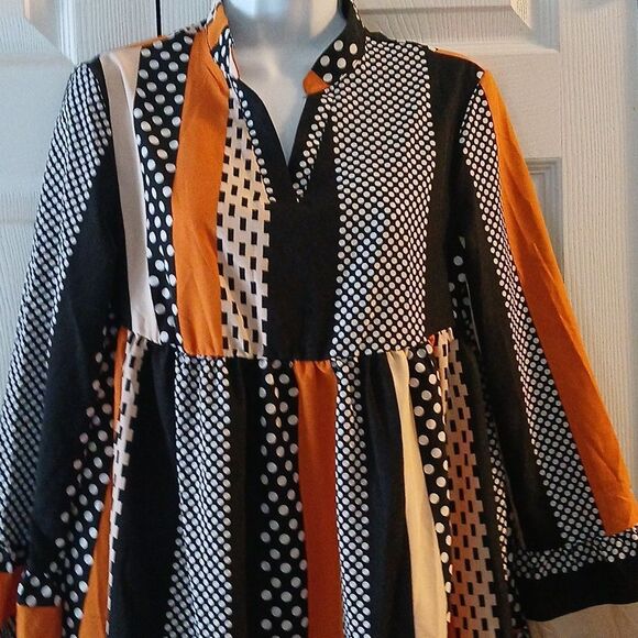 Striped Polka Dot black white orange fall halloween flouce dress Sz S NWOT - Picture 3 of 10